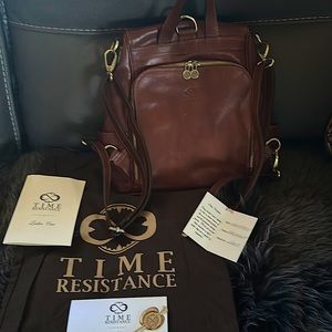 TIME RESISTANCE Cognac Brown Leather Convertible Backpack Shoulder Bag The Waves